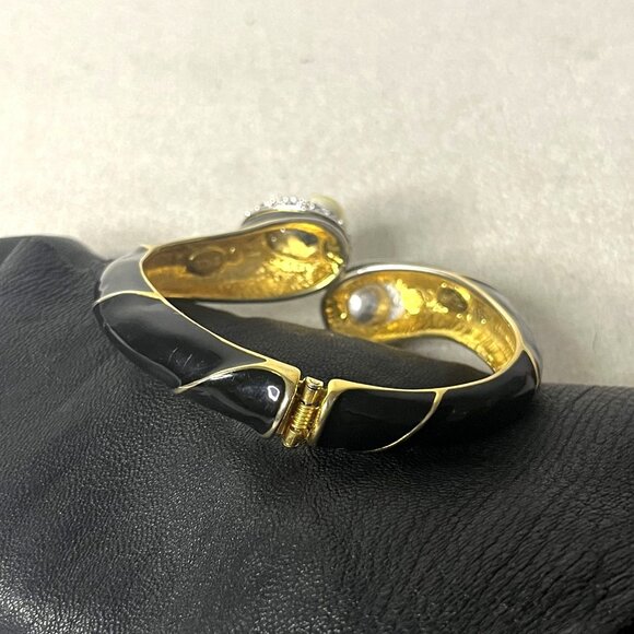 Vintage Kenneth Jay Lane Black and Gold Enamel, Rhinestone Clamper Bracelet - Picture 9 of 9
